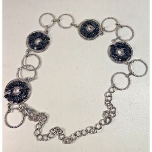 Women Silver Metallic Black Stone Embellished Adjustable Belt 42"